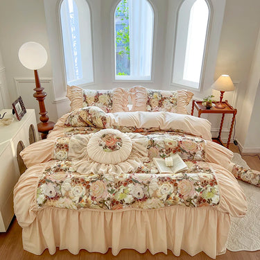 French Rose Vintage Oil Print Blooming Flowers Pleat Ruffles, Cotton Bedding Set